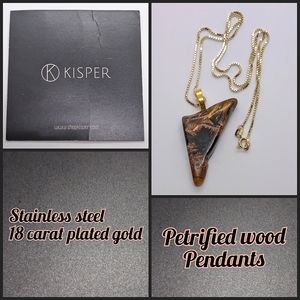 18 karat gold plated necklace with petrified wood pendant